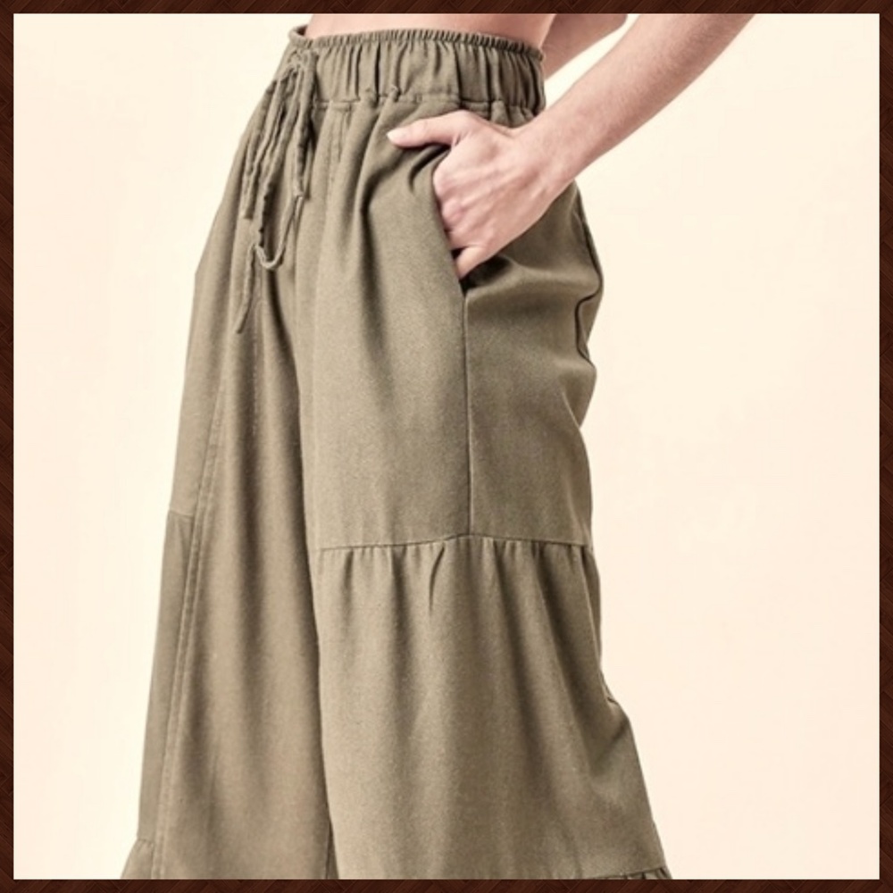 UMGEE Side Tiered Wide Flared Leg Pants Elasticized Waist, Drawstring & Pockets - Picture 7 of 16